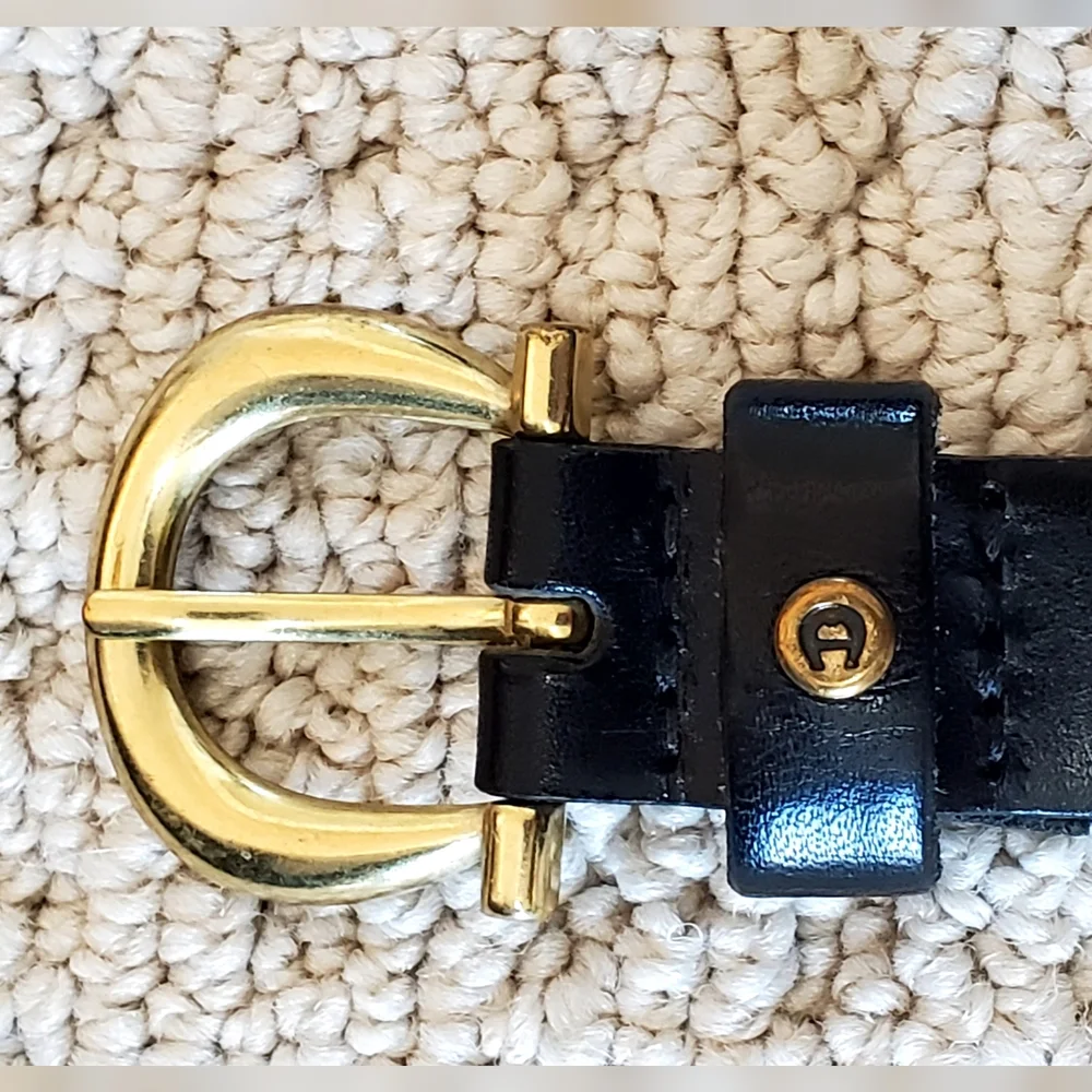 Etienne Aigner Vtg Horse Bit Buckle Black Leather Minimalist Belt, XL, EUC